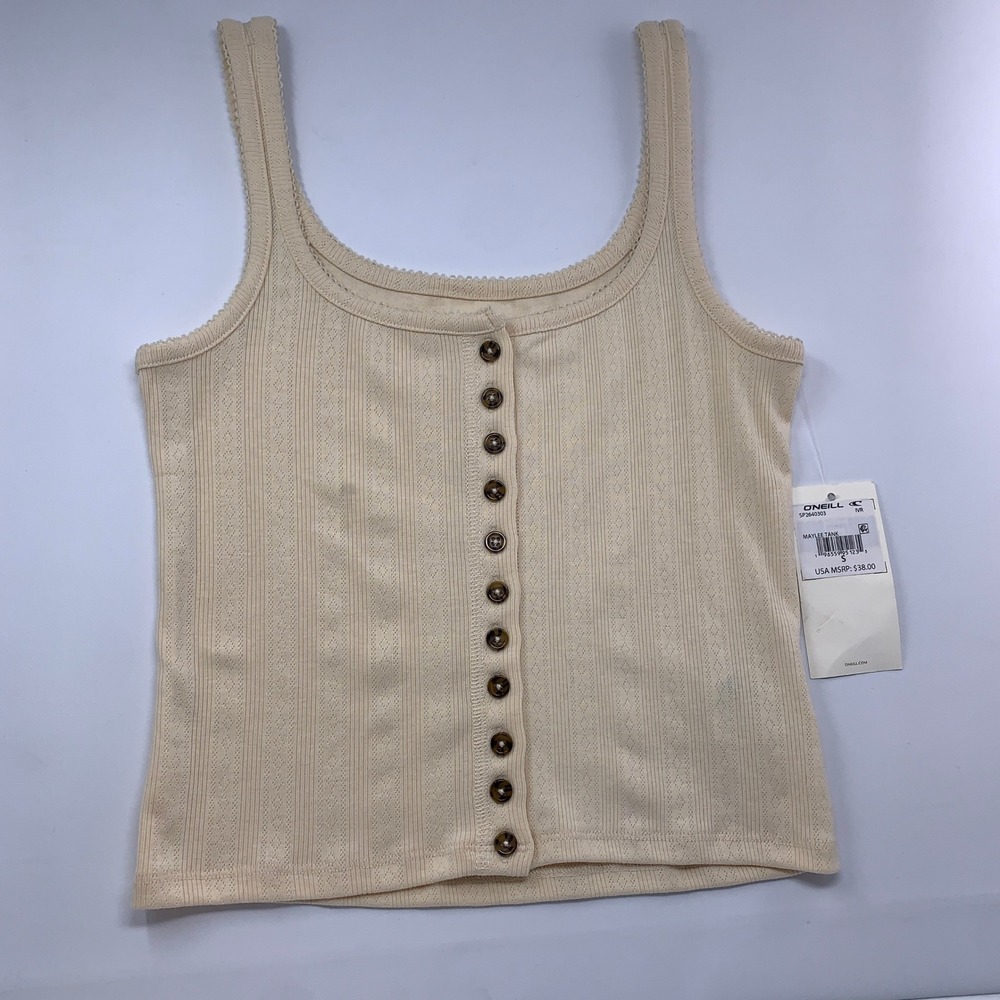 O'Neill Womens S Ivory Maylee Pointelle Rib Button Down Tank Top NWT *Flaw